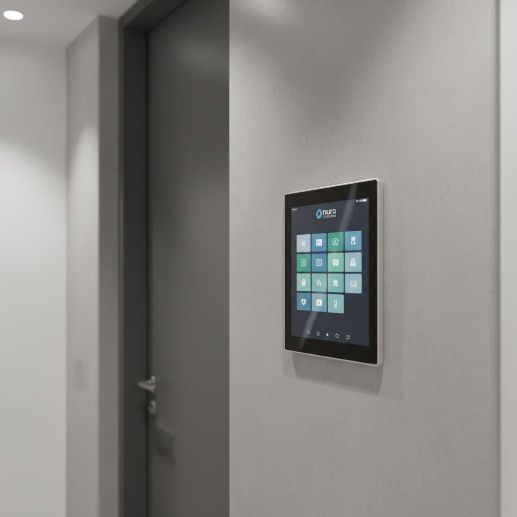 An elegant, wall-mounted touchscreen home automation control panel with a slim profile and satin-silver bezel, securely fixed beside a flush, charcoal-grey door in a minimalist hallway. The background showcases a seamless blend of smooth concrete texture juxtaposed with softly illuminated white walls. Gentle recessed ceiling lights provide balanced, even illumination, creating crisp highlights along the control panel’s edges while maintaining a serene and structured mood. Shot from a slight angle with symmetric framing, the image maintains sharp focus and clarity, exemplifying photographic realism and a highly professional, orderly appearance. The composition reinforces Nura Systems’ expertise in advanced home technology interfaces.
